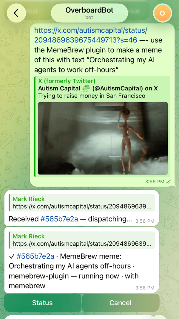 A Telegram thread with the Overboard bot: a task request, then received / created / finished replies