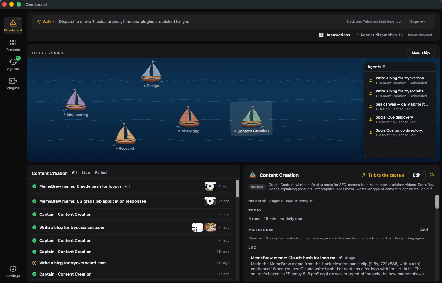 Overboard's board: five departments drawn as ships, the selected department's runs with video and image thumbnails, and its captain's log