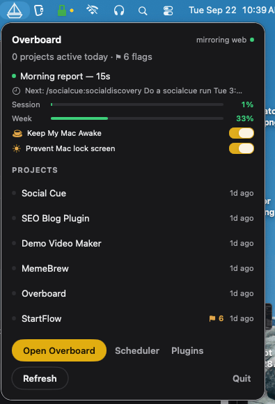 Overboard's menu bar popover with aggregate status, top projects, the active scheduled run, and keep-awake controls