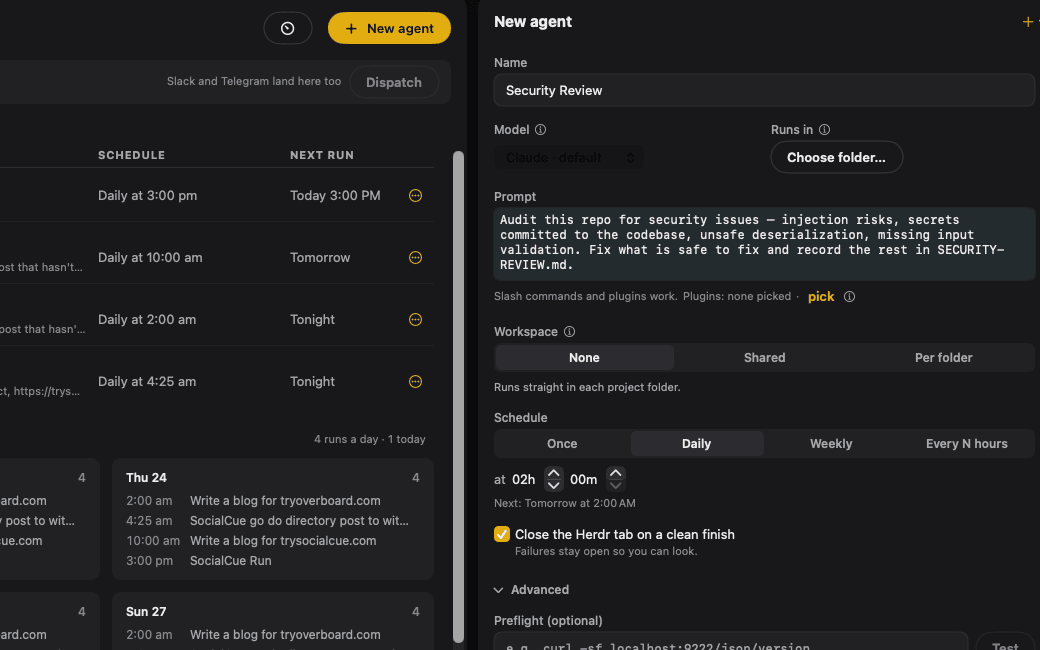 The agent editor in Overboard's Scheduler, with the Security Review template picked and a daily 2am schedule